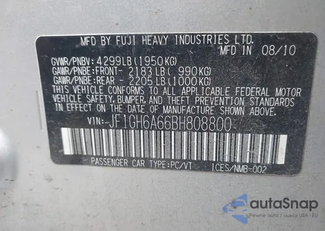 2011 Subaru Impreza 2.5I z USA, uszkodzony, nr VIN JF1GH6A66BH808800